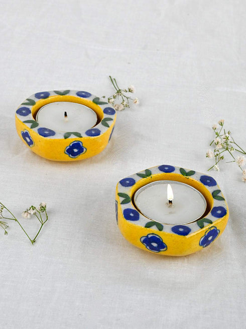 Blue Pottery T-Light Holder Set Of 2 Pcs.